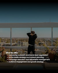 a man standing on top of a building with the words what we offer